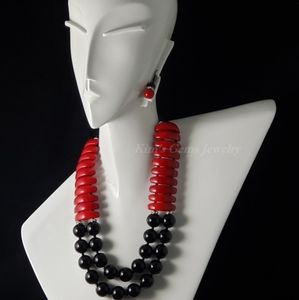 Necklace Unique Black Onyx & Red Resin Statement Neckpiece & Earrings